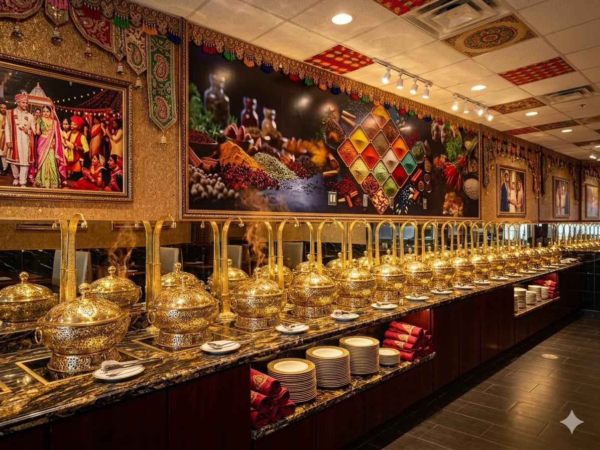 Golden chafing dishes on the Indian Curry House buffet line