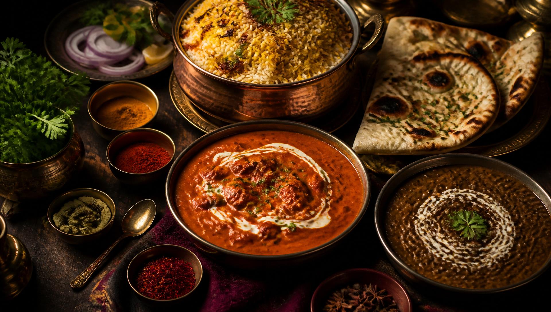 Authentic Indian curry feast with butter chicken, biryani and naan